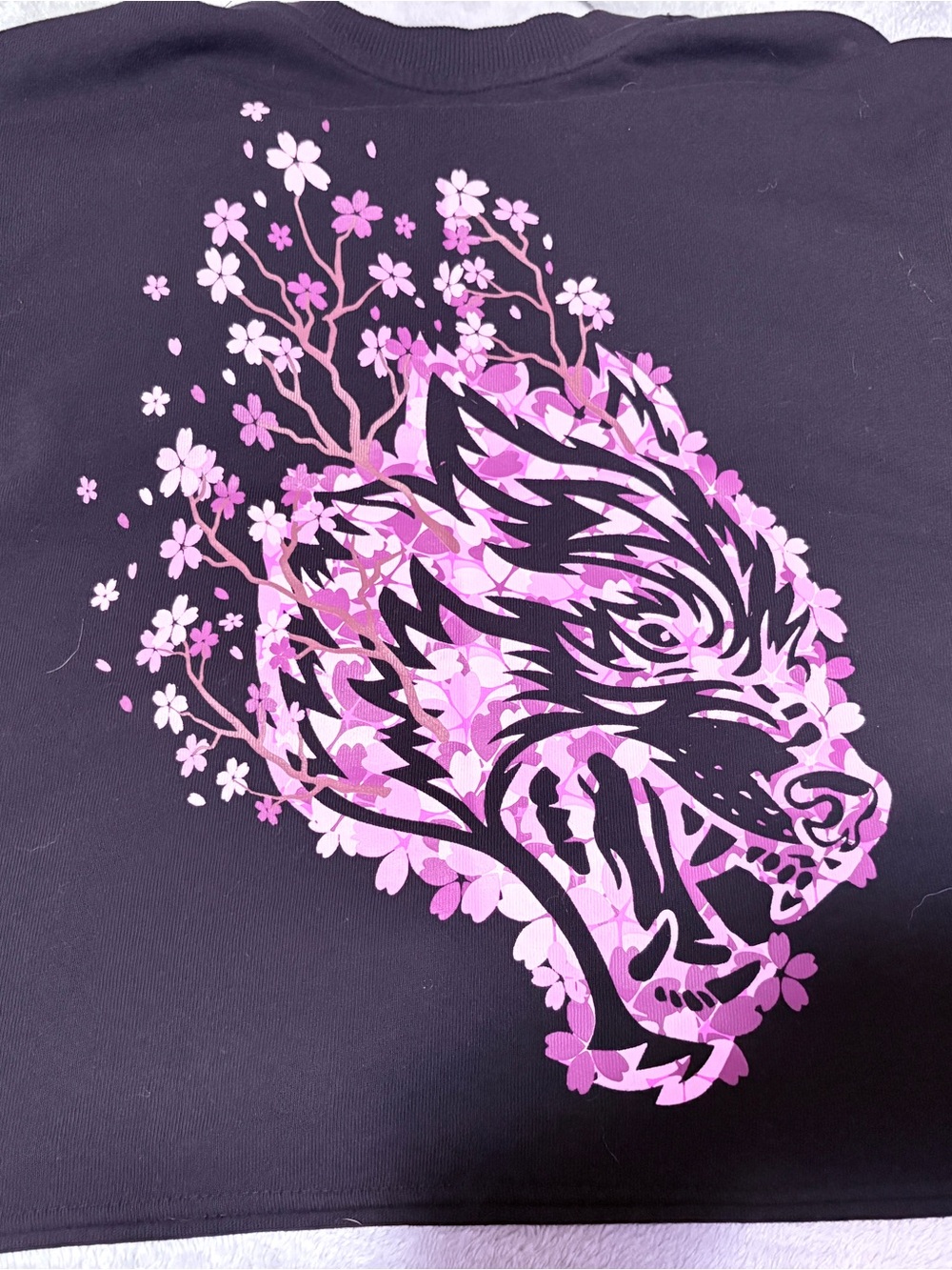 Black Tee with Pink Floral Wolf Graphic